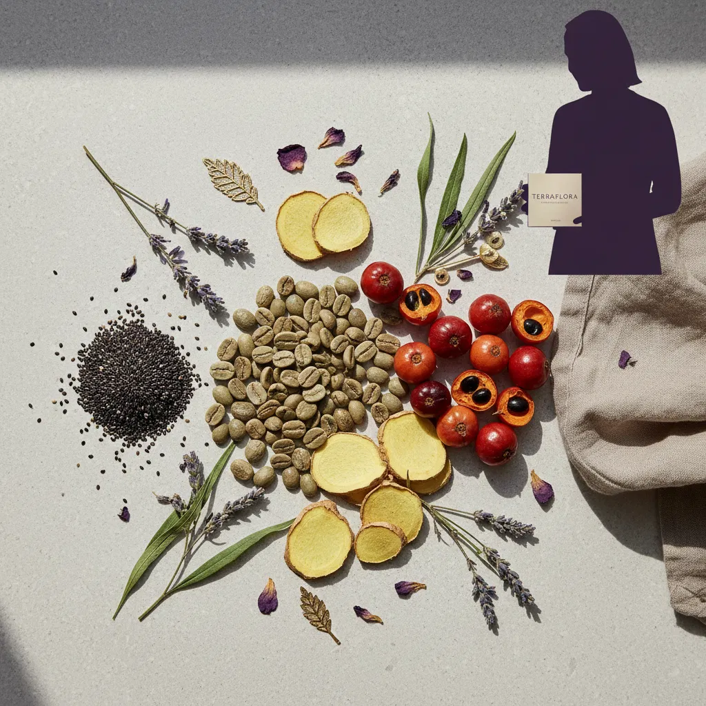Flat lay of green coffee beans, ginger root slices and guarana berries on a stone surface